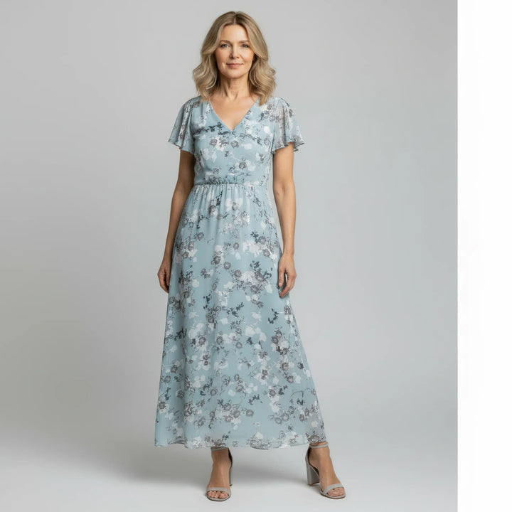 Perle | Floral Maxi Dress with V Neck and Flutter Sleeves