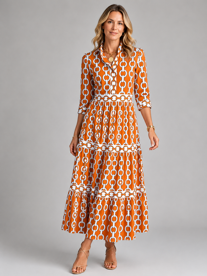 Leonie | Chain Print Dress with Collared Neckline