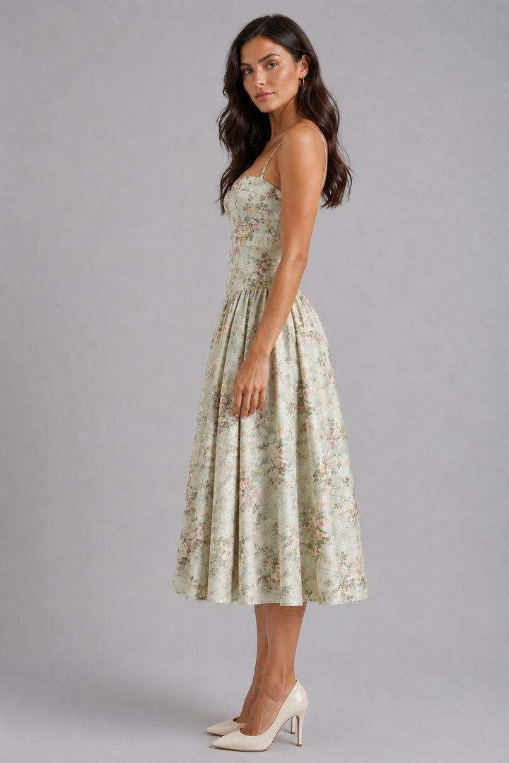 Corinne | Floral Midi Dress with Thin Straps