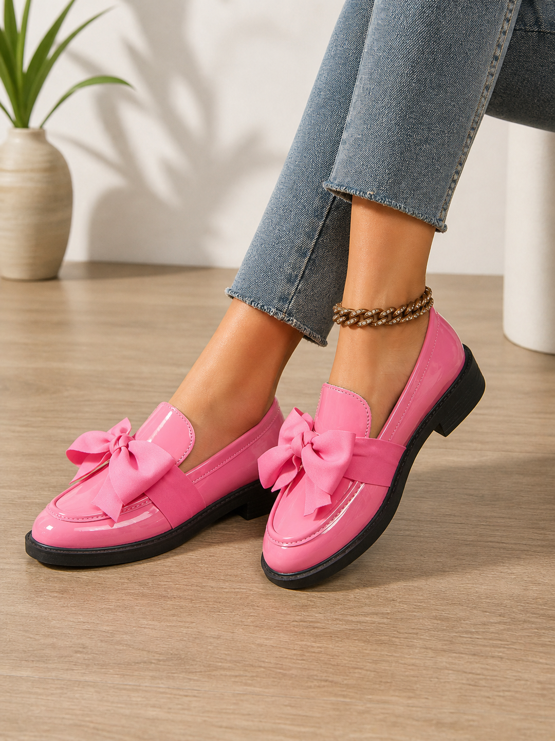 Carmen | Patent Loafers with Bow Detail Strap - Slip Ons