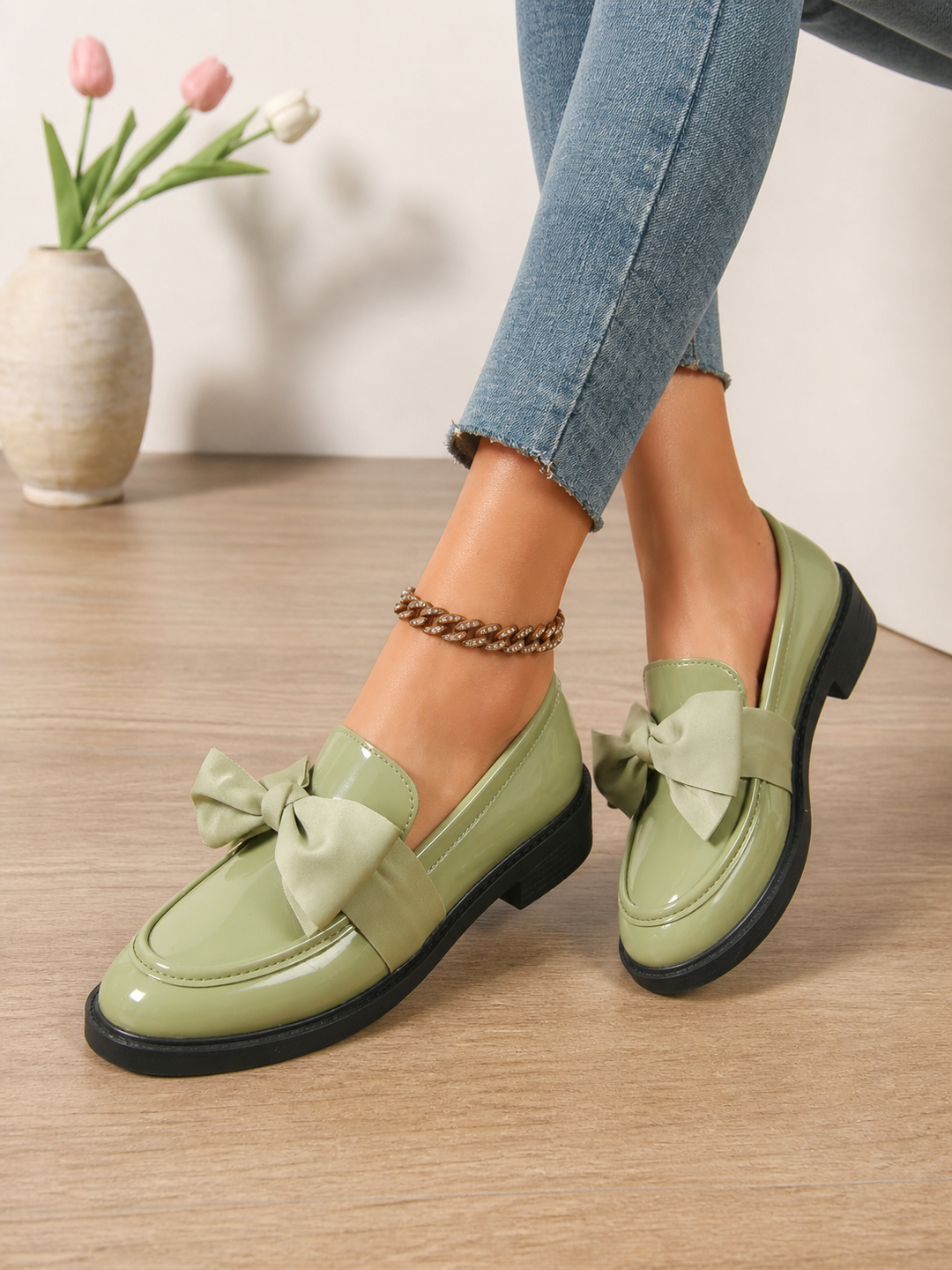 Carmen | Patent Loafers with Bow Detail Strap - Slip Ons