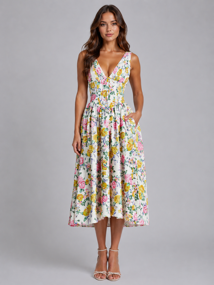 Genevieve | Floral Midi Dress with Side Pockets
