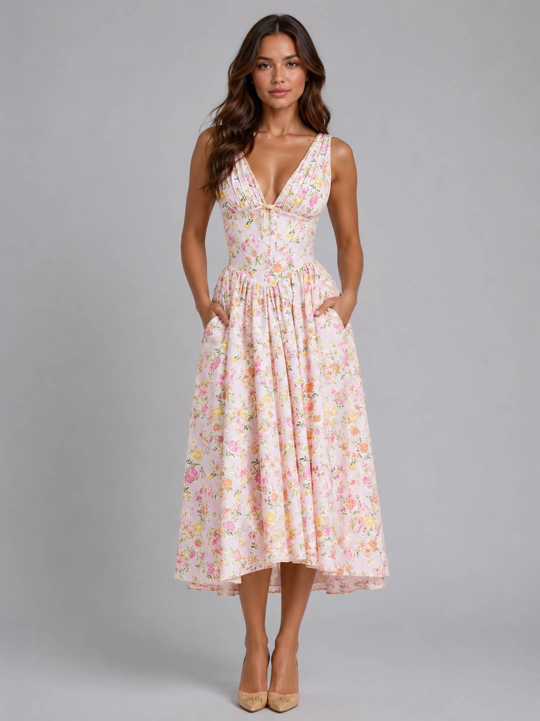 Genevieve | Floral Midi Dress with Side Pockets