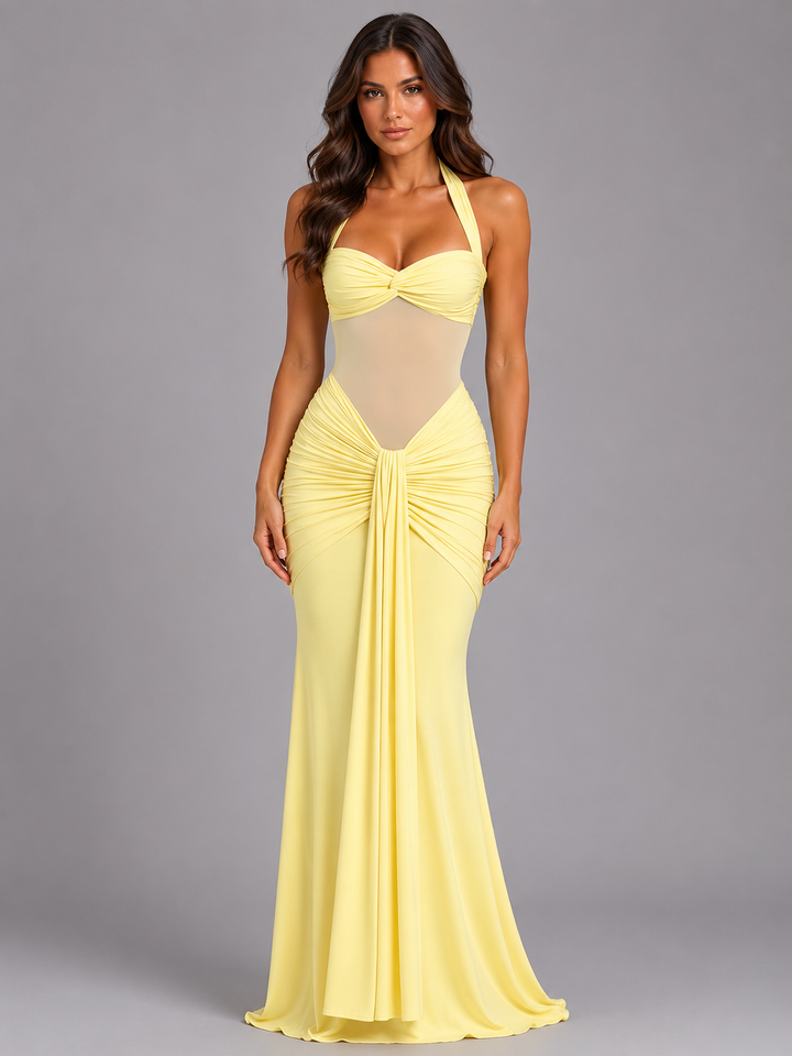 Ophelia | Ruched Maxi Dress with Front Drape Sleeveless