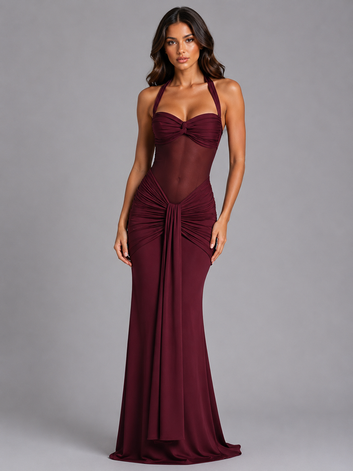Ophelia | Ruched Maxi Dress with Front Drape Sleeveless