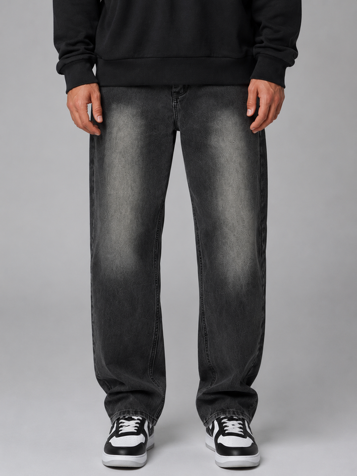 Corbin | Black Relaxed Straight Pants with Faded Wash