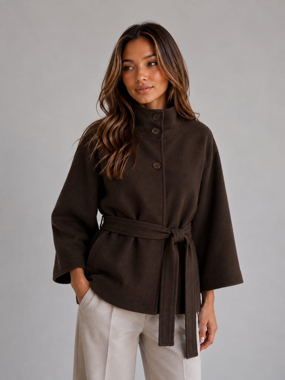 Perrine | Belted Cape Jacket with Button Front Closure