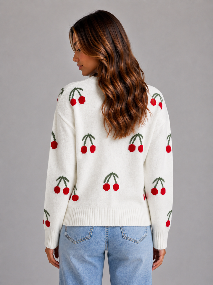 Jeanne | Cherry Print Cardigan with V-Neck Button Front Knit