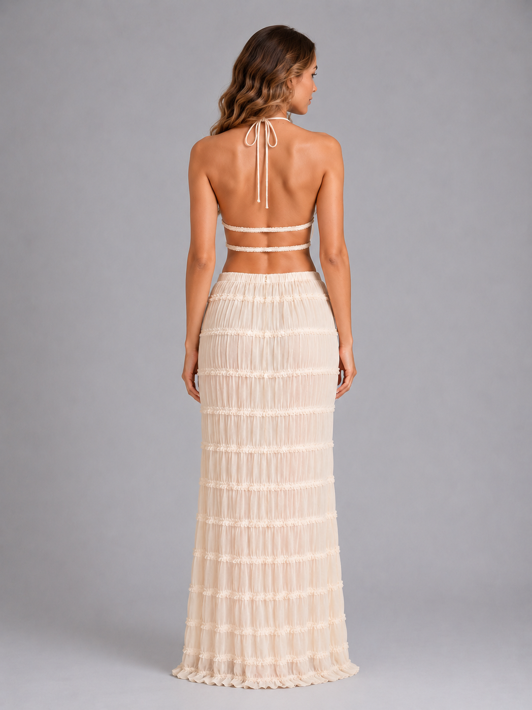 Charlotte | Ruffle Textured Maxi Two-Piece Set with Halterneck