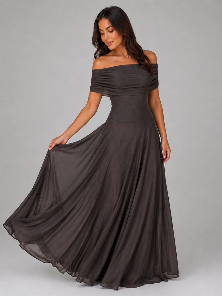 Anouk | Maxi Dress with Draped Bodice - Ruched Off Shoulder Evening Gown