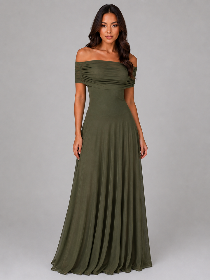 Anouk | Maxi Dress with Draped Bodice - Ruched Off Shoulder Evening Gown