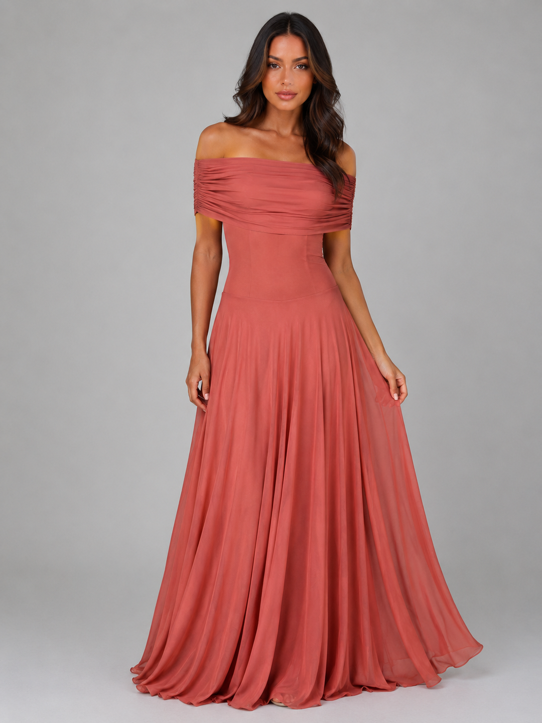Anouk | Maxi Dress with Draped Bodice - Ruched Off Shoulder Evening Gown