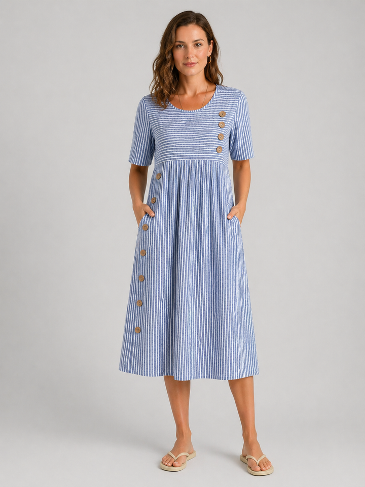 Helena | Flattering Striped Midi Dress with Button Detail Fit