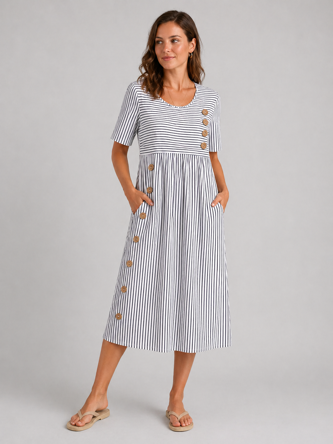 Helena | Flattering Striped Midi Dress with Button Detail Fit