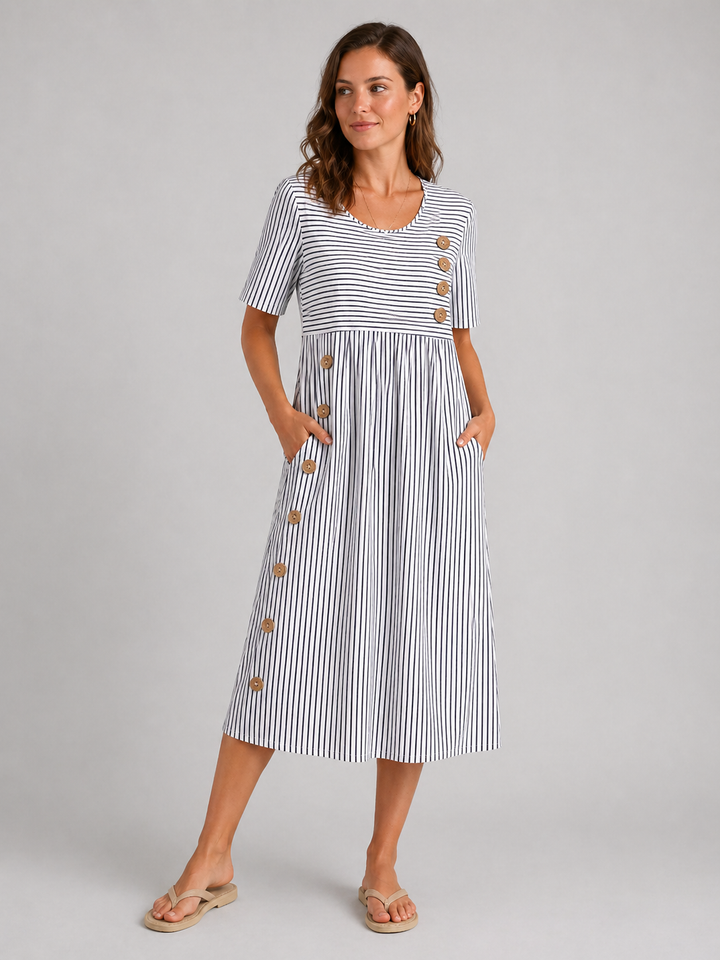 Helena | Flattering Striped Midi Dress with Button Detail Fit