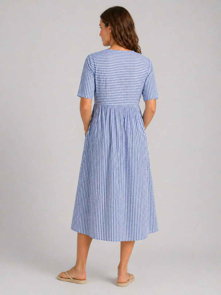 Helena | Flattering Striped Midi Dress with Button Detail Fit