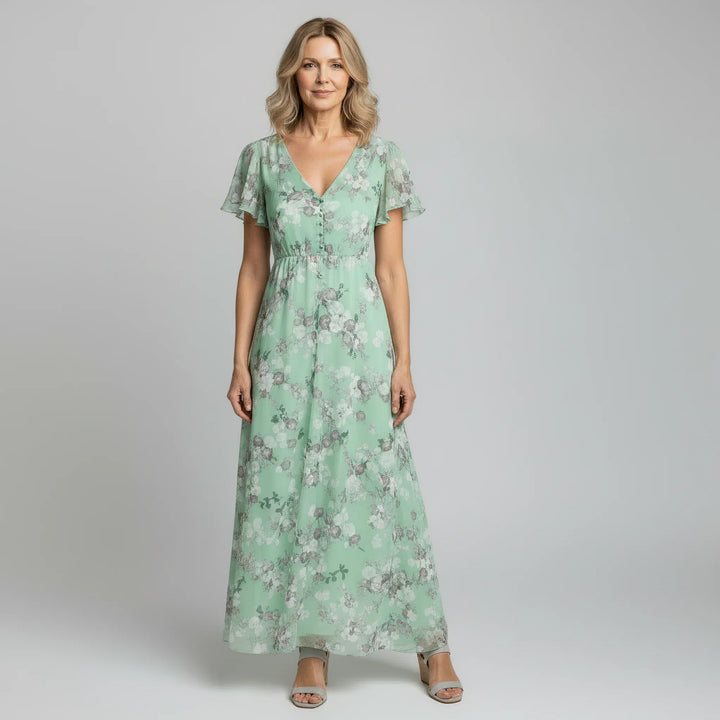 Perle | Floral Maxi Dress with V Neck and Flutter Sleeves