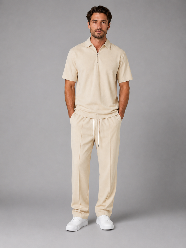 Ellis | Beige Waffle Knit Two Piece Set with Zip Neck