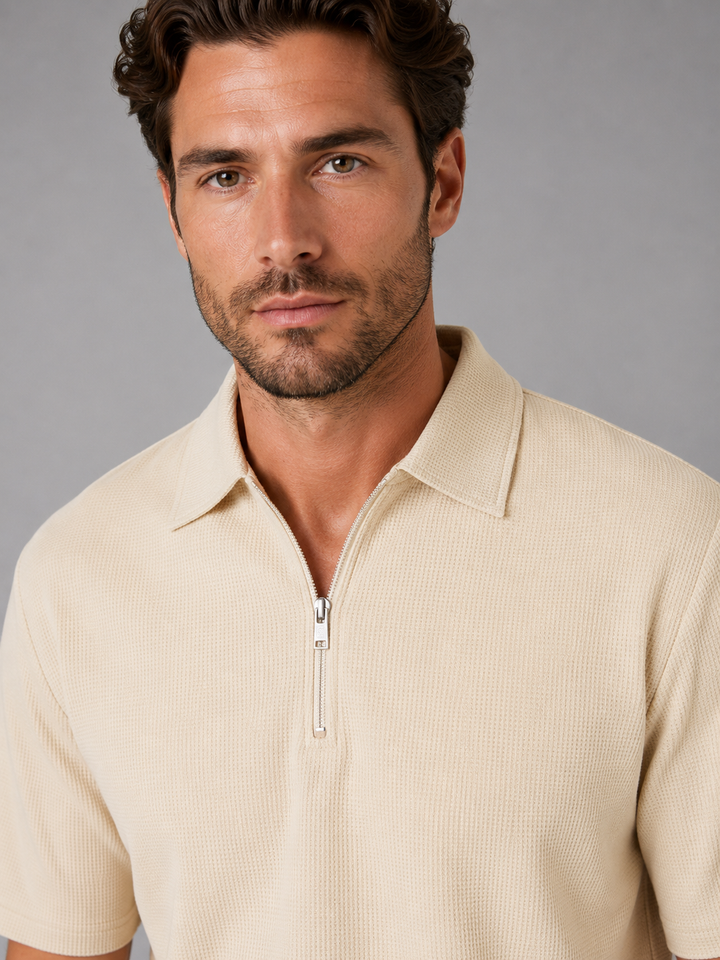 Ellis | Beige Waffle Knit Two Piece Set with Zip Neck