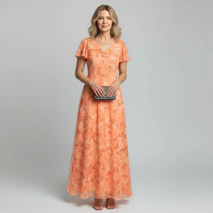 Perle | Floral Maxi Dress with V Neck and Flutter Sleeves