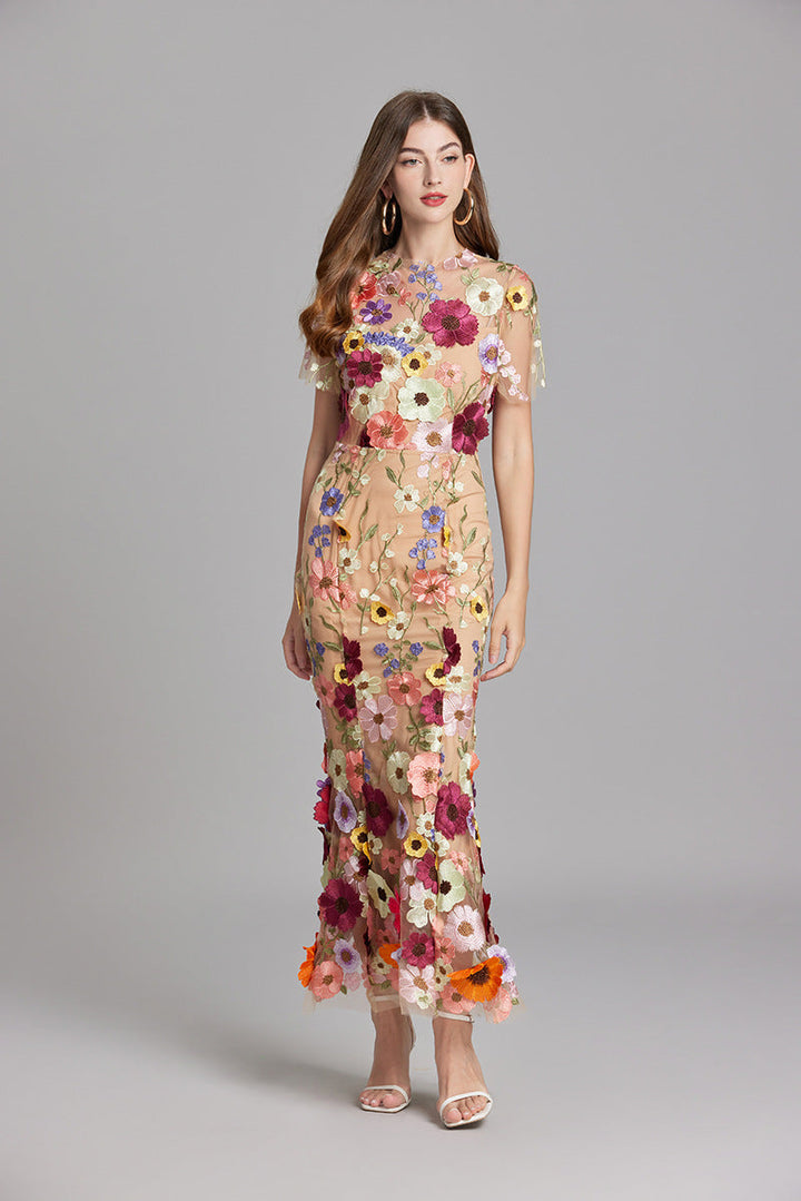 Esme | Floral Midi Dress with 3D Appliqué Detail