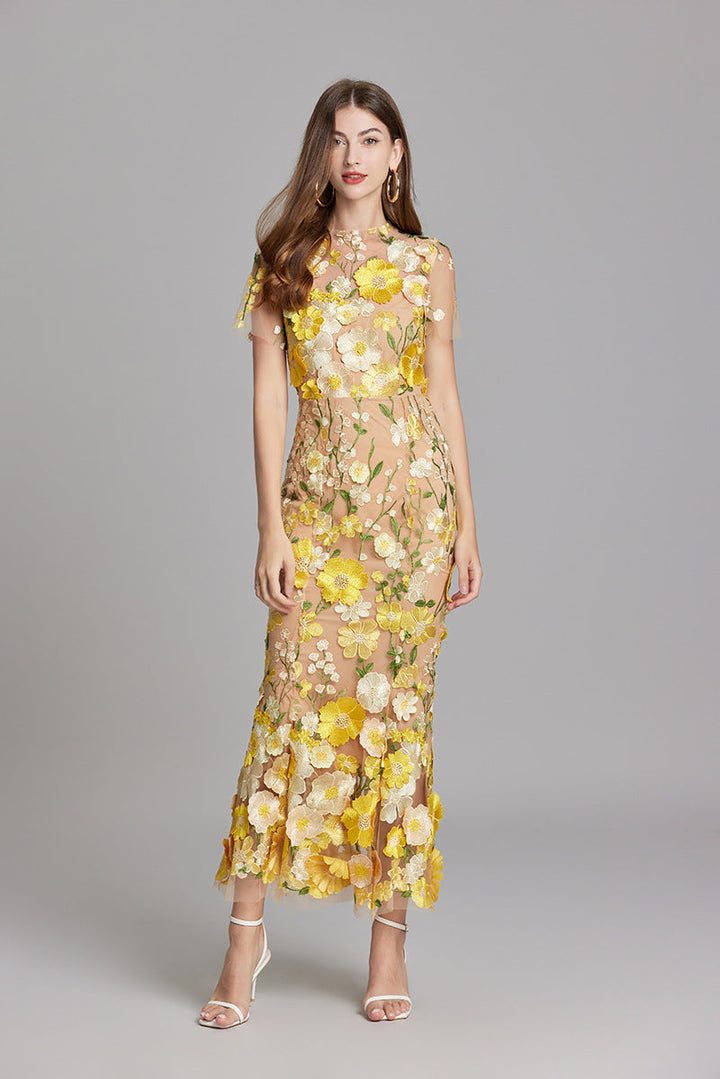 Esme | Floral Midi Dress with 3D Appliqué Detail