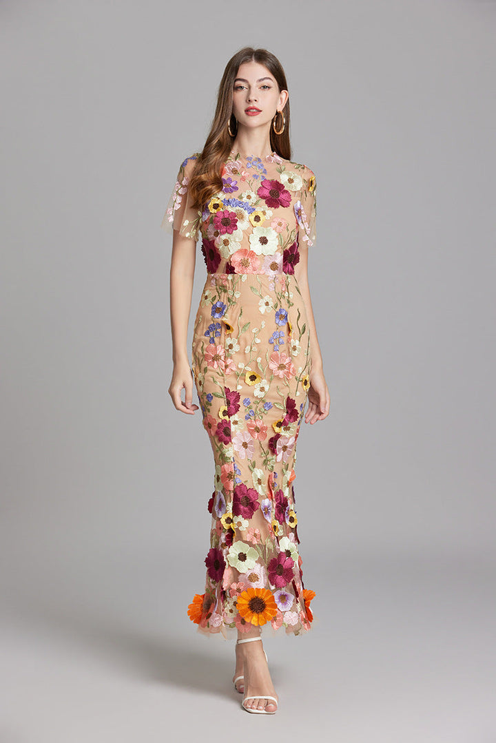 Esme | Floral Midi Dress with 3D Appliqué Detail