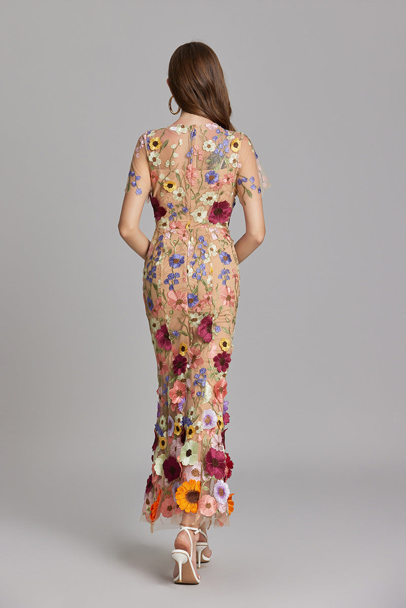 Esme | Floral Midi Dress with 3D Appliqué Detail