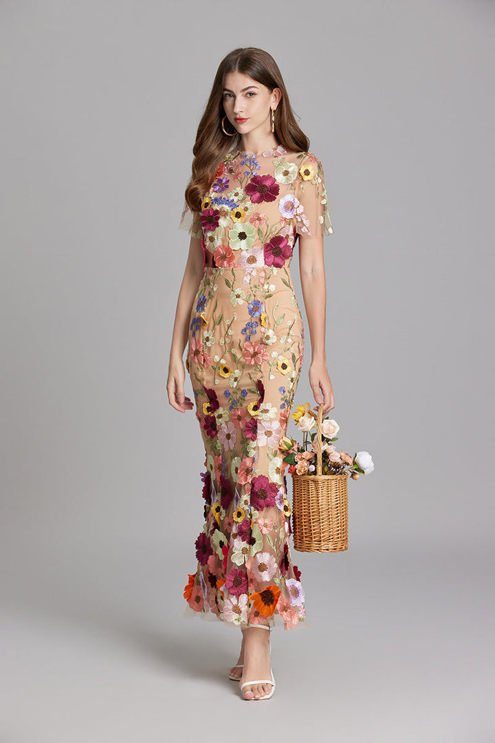 Esme | Floral Midi Dress with 3D Appliqué Detail