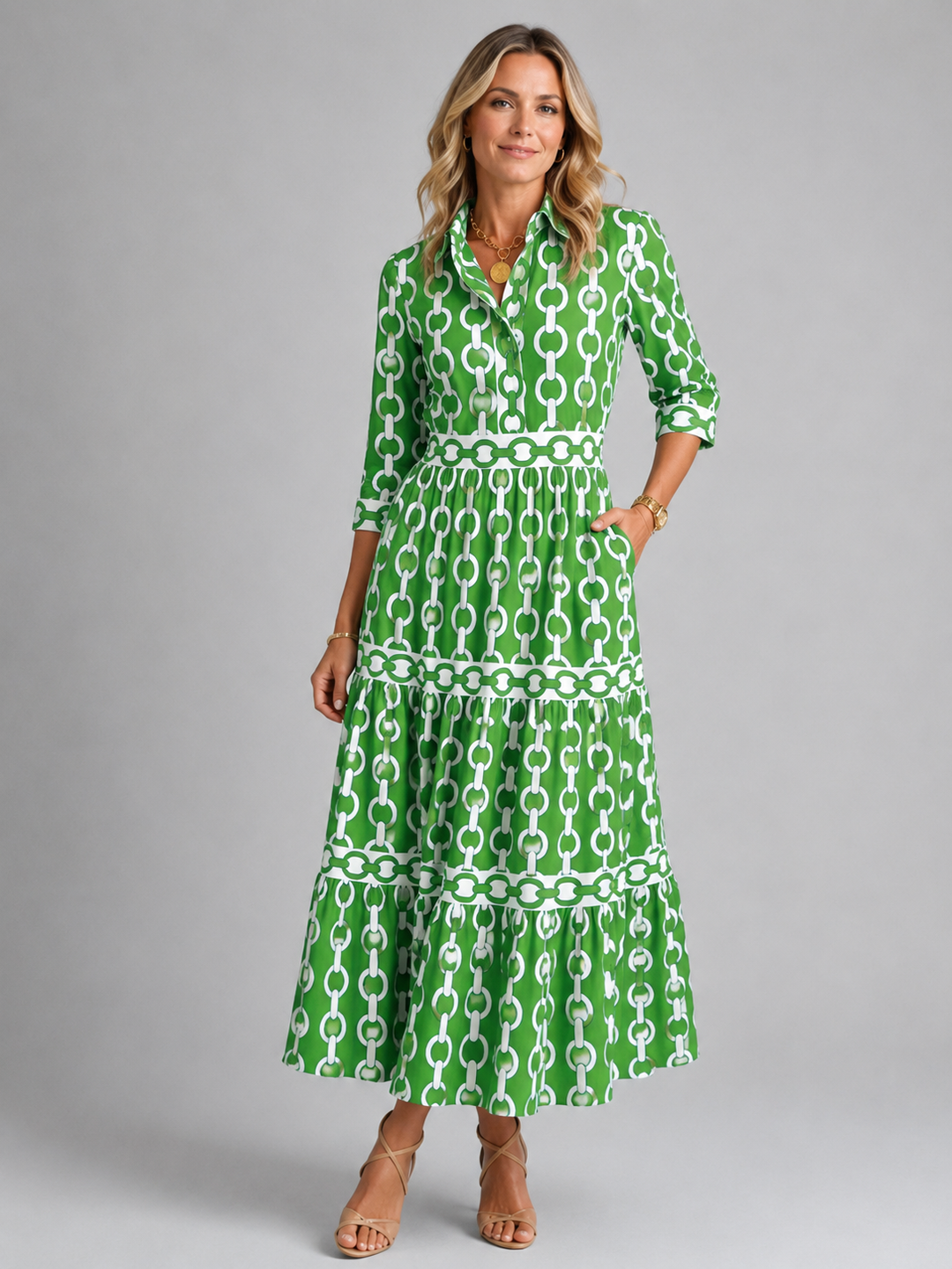 Leonie | Chain Print Dress with Collared Neckline