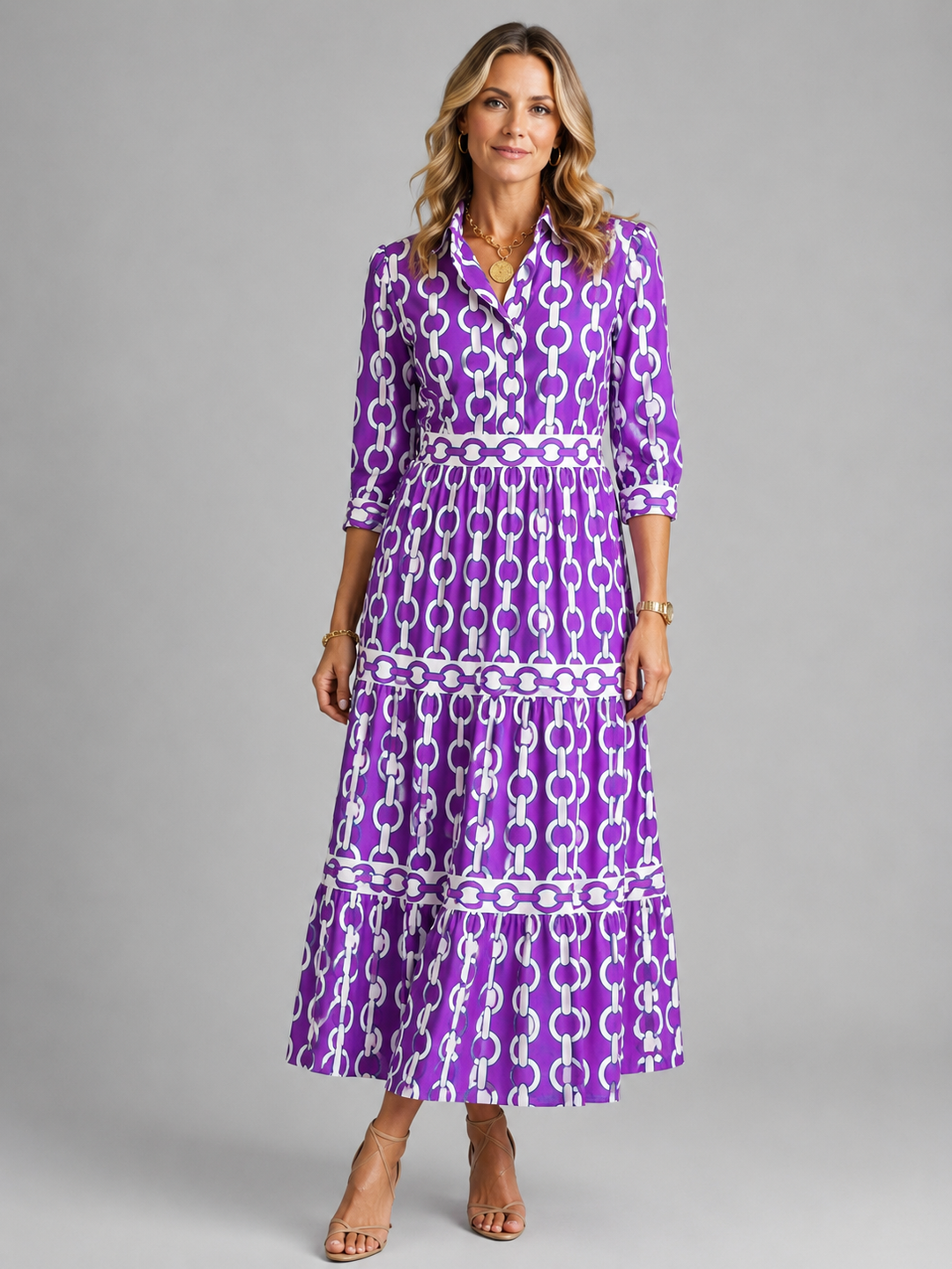 Leonie | Chain Print Dress with Collared Neckline