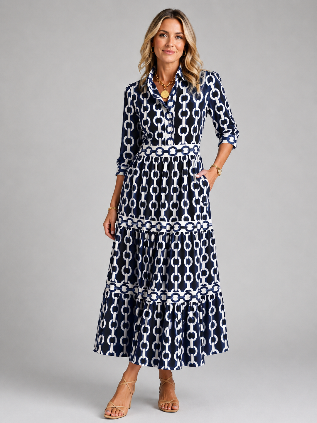 Leonie | Chain Print Dress with Collared Neckline