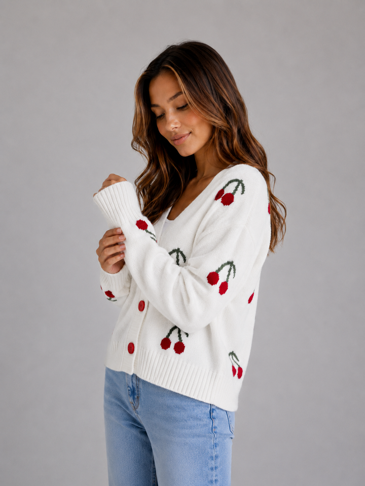 Jeanne | Cherry Print Cardigan with V-Neck Button Front Knit