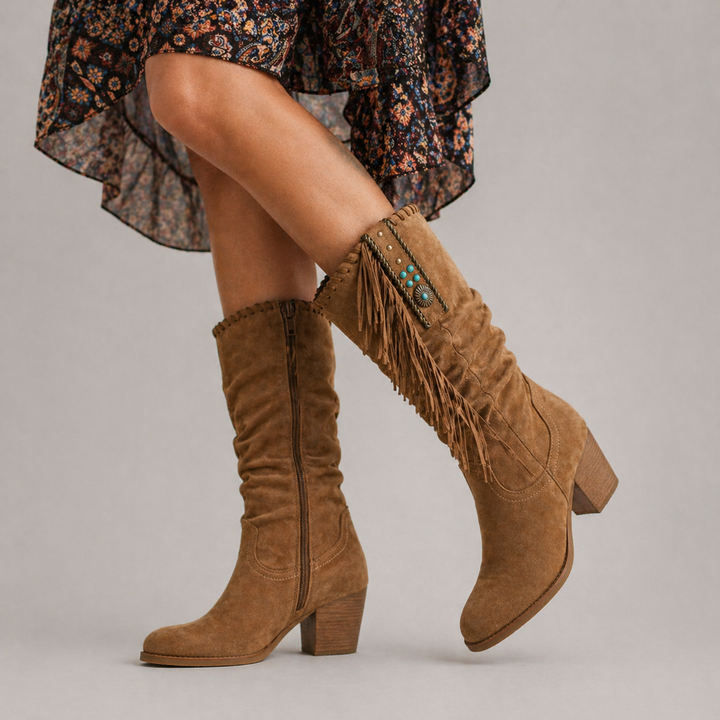 Wilhelmina | Mid-Calf Fringe Boots with Block Heel