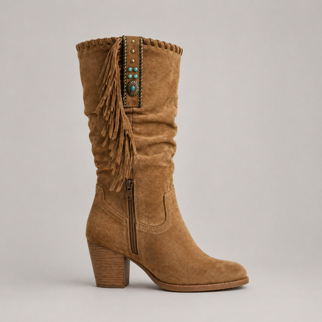 Wilhelmina | Mid-Calf Fringe Boots with Block Heel
