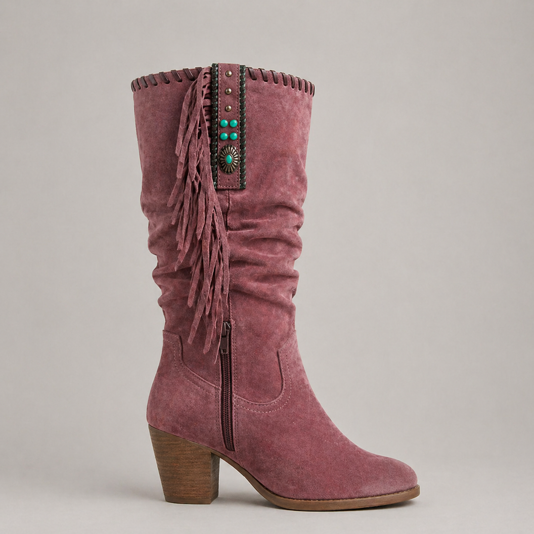 Wilhelmina | Mid-Calf Fringe Boots with Block Heel