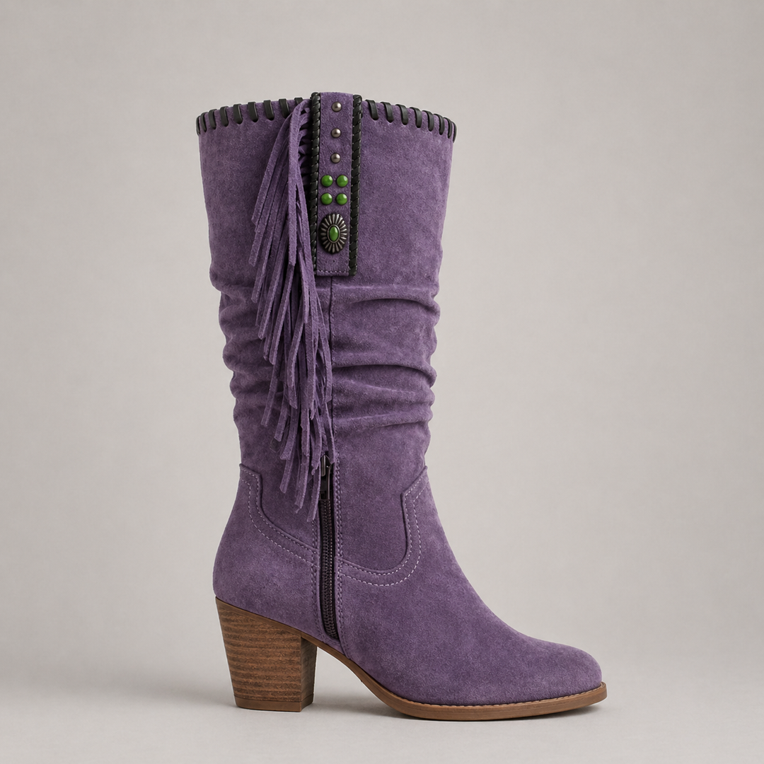 Wilhelmina | Mid-Calf Fringe Boots with Block Heel