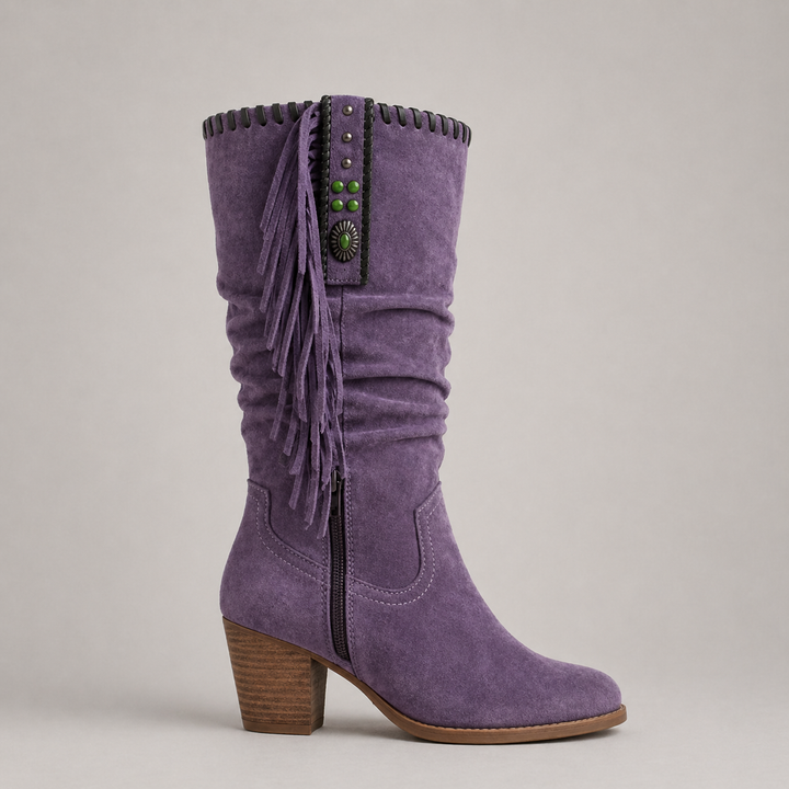 Wilhelmina | Mid-Calf Fringe Boots with Block Heel