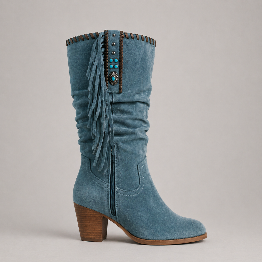 Wilhelmina | Mid-Calf Fringe Boots with Block Heel