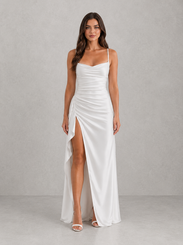 Cordelia | Draped Wedding Guest Maxi Dress with High Side Split
