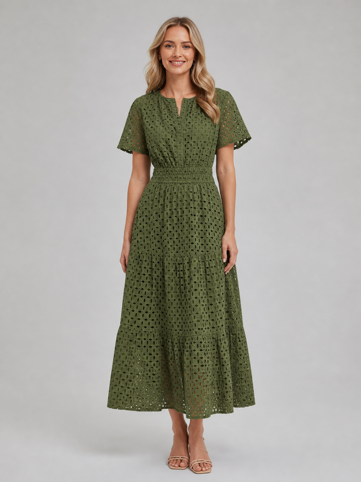 Cosette | Eyelet Midi Dress with Tiered Skirt