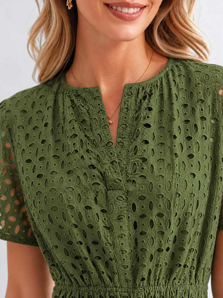Cosette | Eyelet Midi Dress with Tiered Skirt