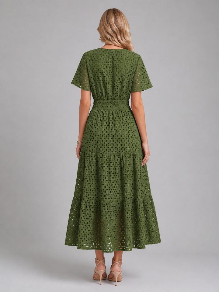 Cosette | Eyelet Midi Dress with Tiered Skirt