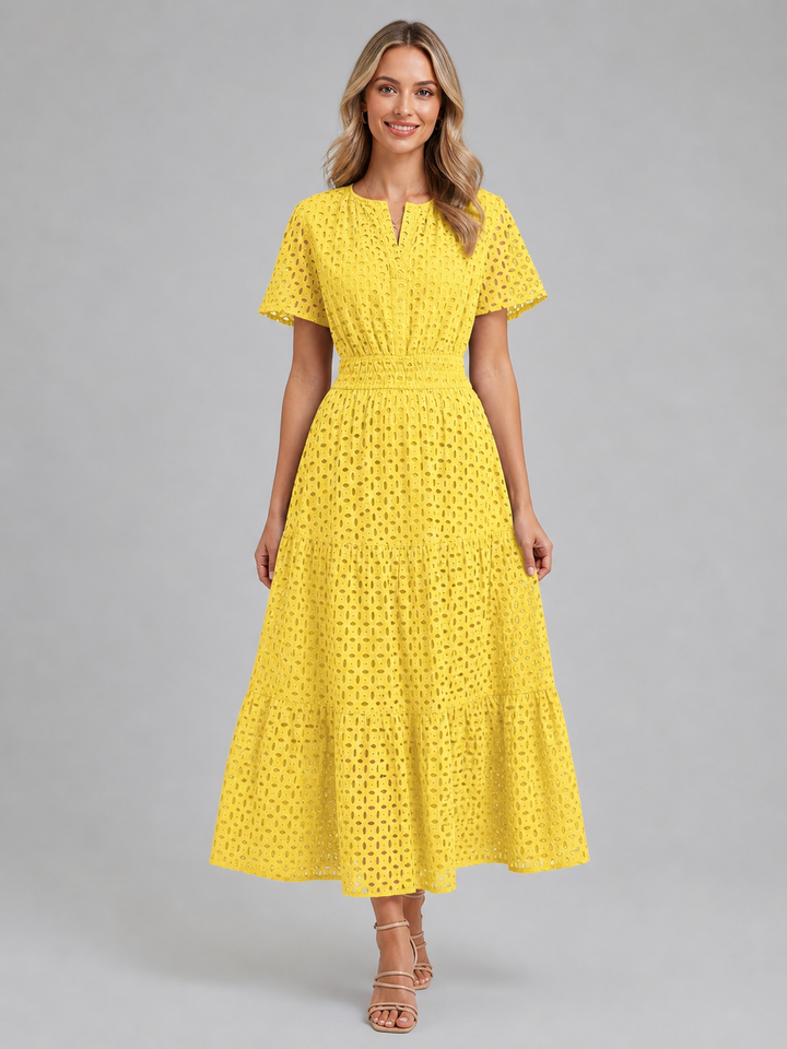 Cosette | Eyelet Midi Dress with Tiered Skirt