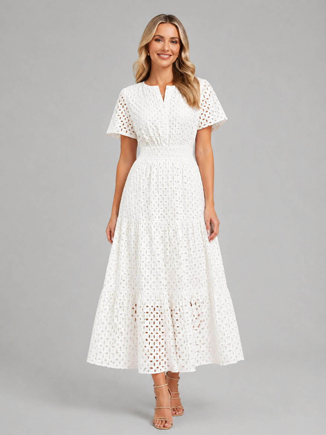 Cosette | Eyelet Midi Dress with Tiered Skirt