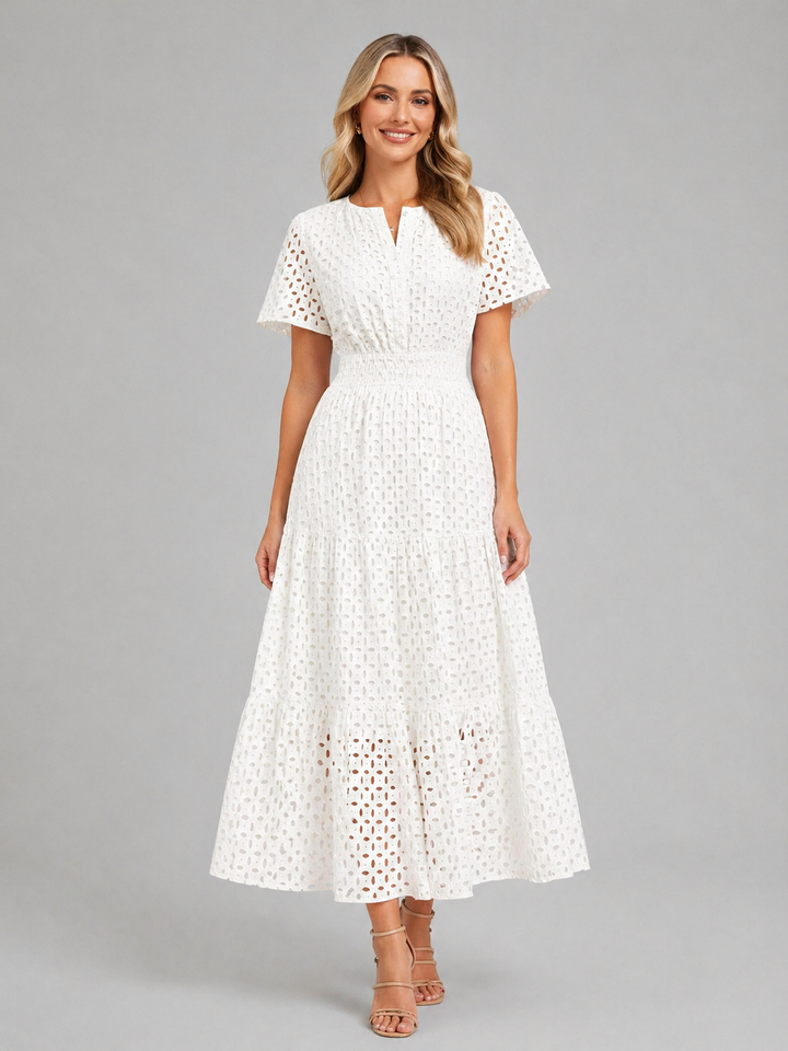Cosette | Eyelet Midi Dress with Tiered Skirt