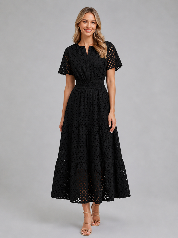 Cosette | Eyelet Midi Dress with Tiered Skirt