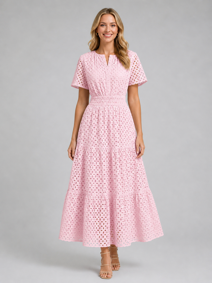 Cosette | Eyelet Midi Dress with Tiered Skirt