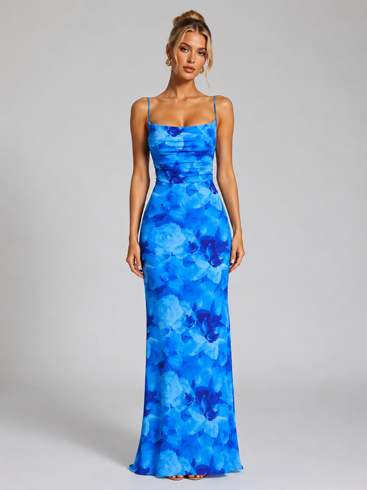 Delphine | Floral Blue Wedding Guest Maxi Dress with Ruched Bodice