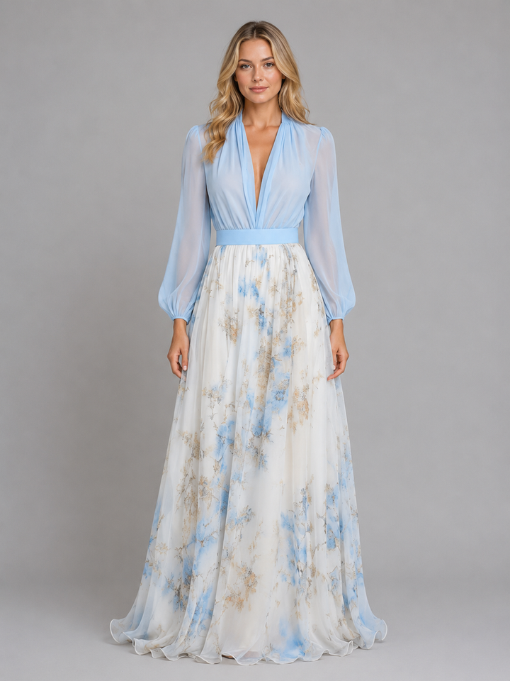 Cecile | Floral Chiffon Maxi Dress V-Neck